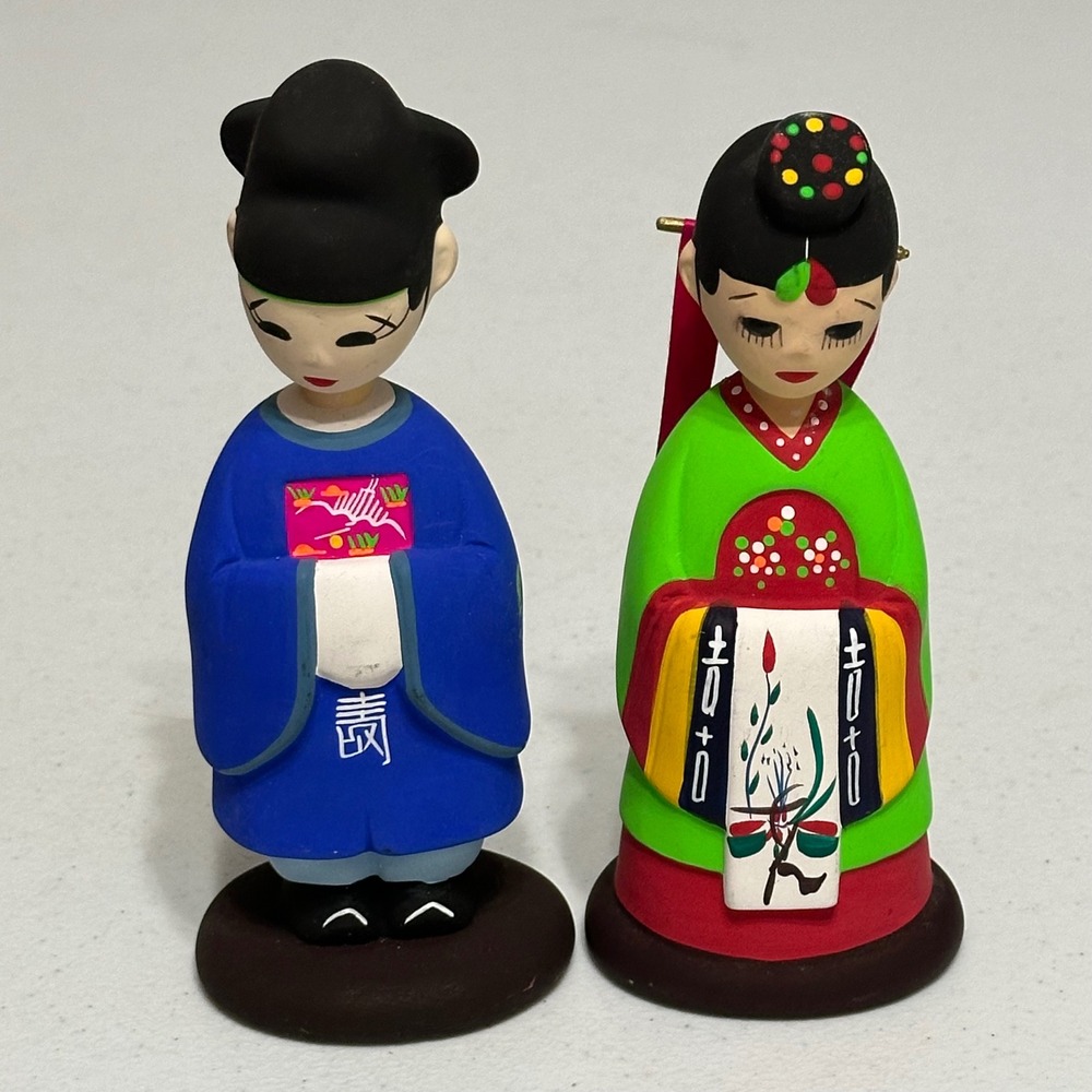 Korean Traditional‎ Wedding Bobble Head Figurine Set Hanbok Bride Groom Folk Art